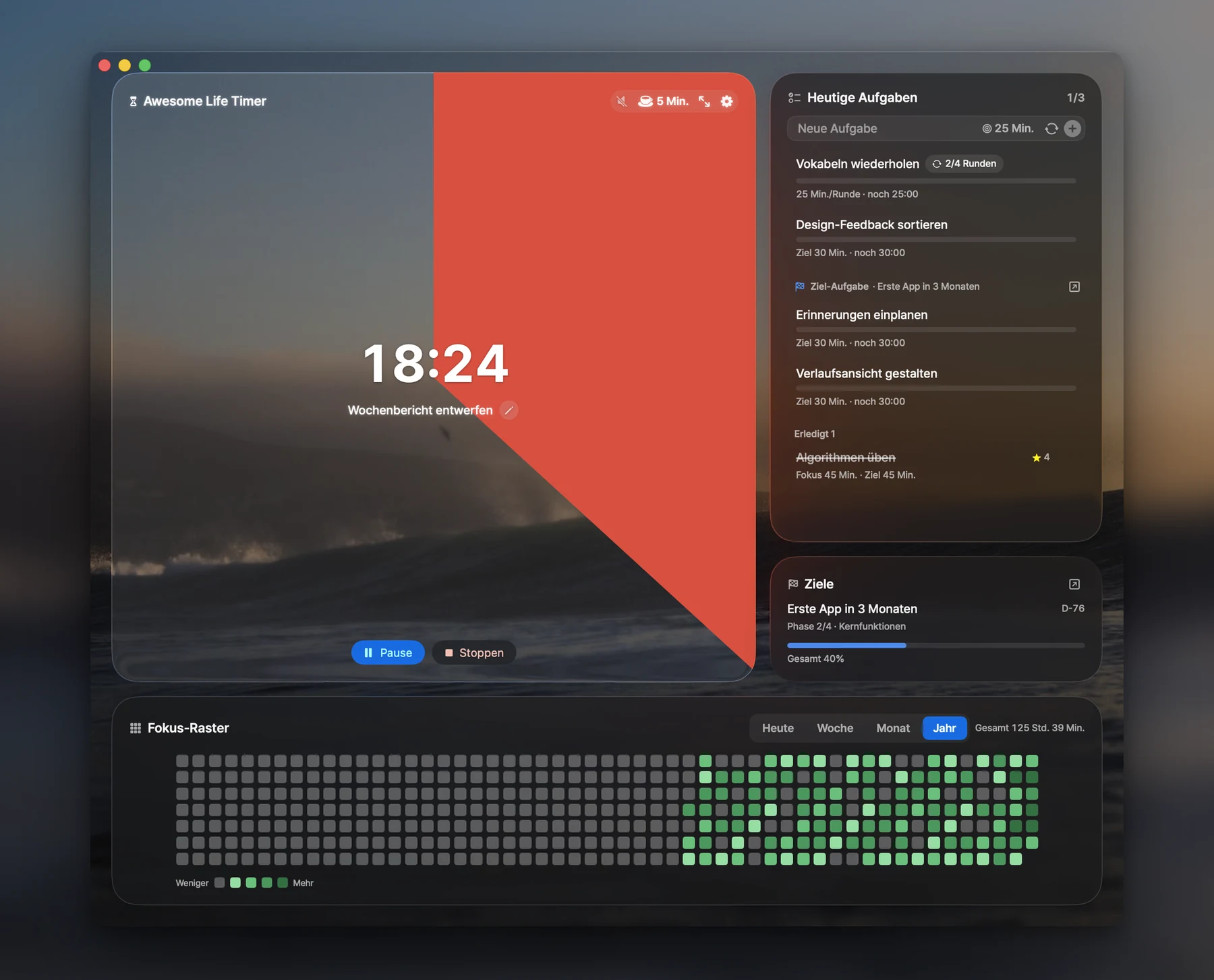 FAGL auf dem Mac: der Awesome Life Timer mit roter Scheibe, die heutigen Aufgaben, ein Ziel und das Fokus-Raster.