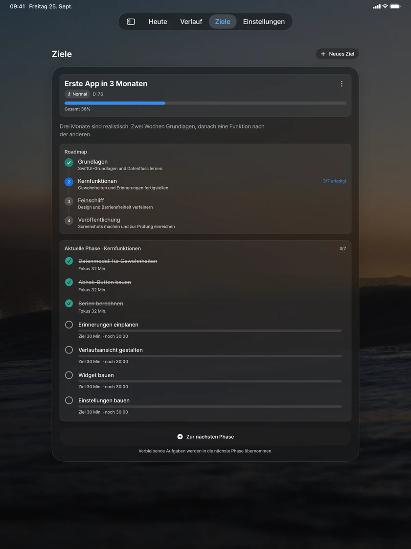Ziele auf dem iPad: ein Ziel in Phasen aufgeteilt, mit den Aufgaben der aktuellen Phase.