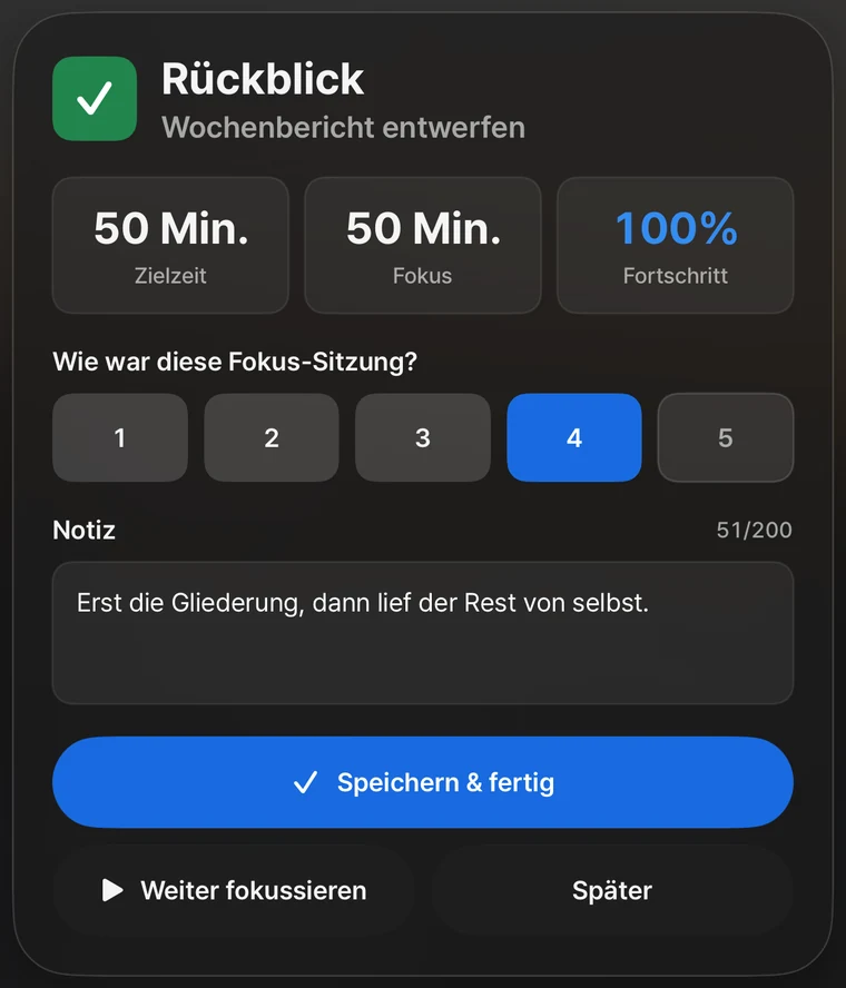 Der Rückblick: Zielzeit, Fokuszeit und Fortschritt, eine Bewertung von 1 bis 5 und eine Notiz.