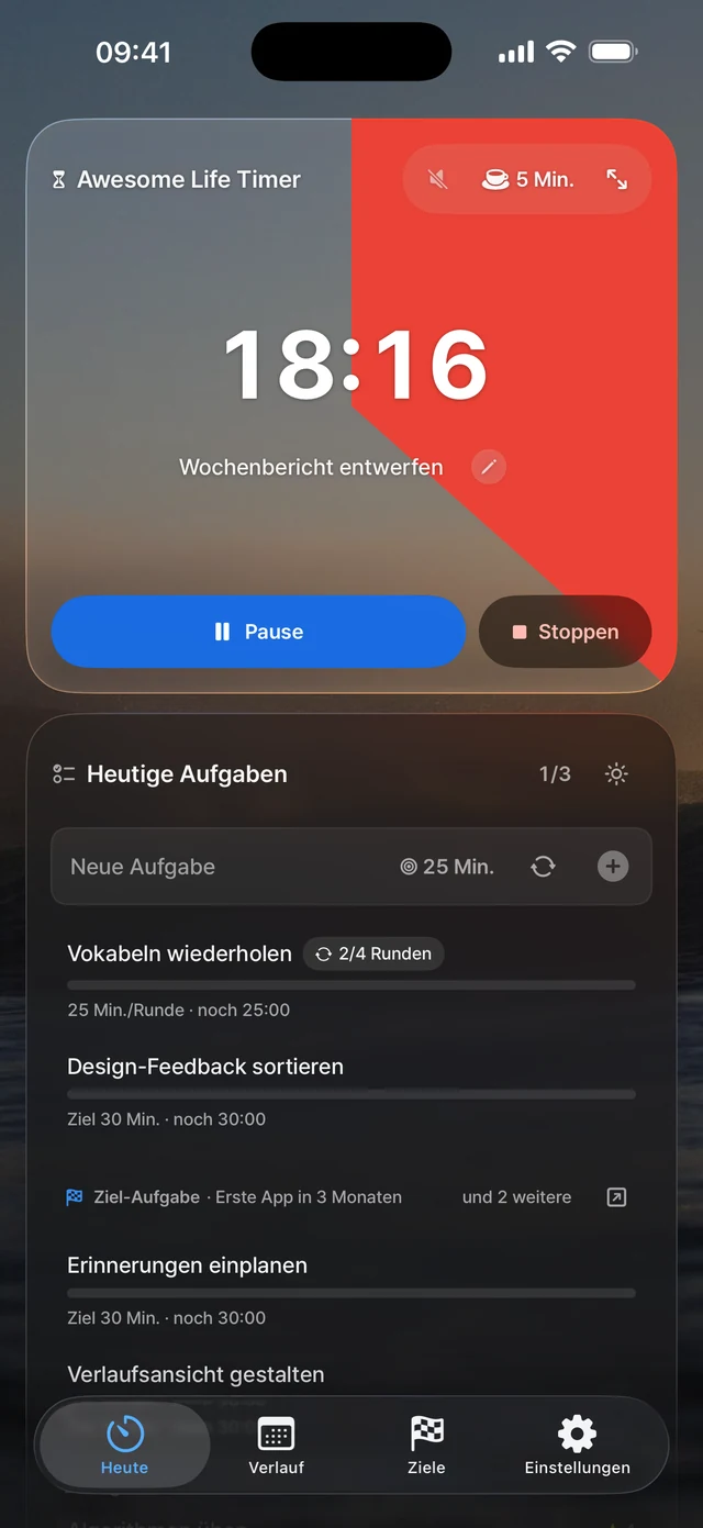 Der Heute-Bildschirm auf dem iPhone: der Awesome Life Timer zählt eine Aufgabe herunter, darunter die heutigen Aufgaben.