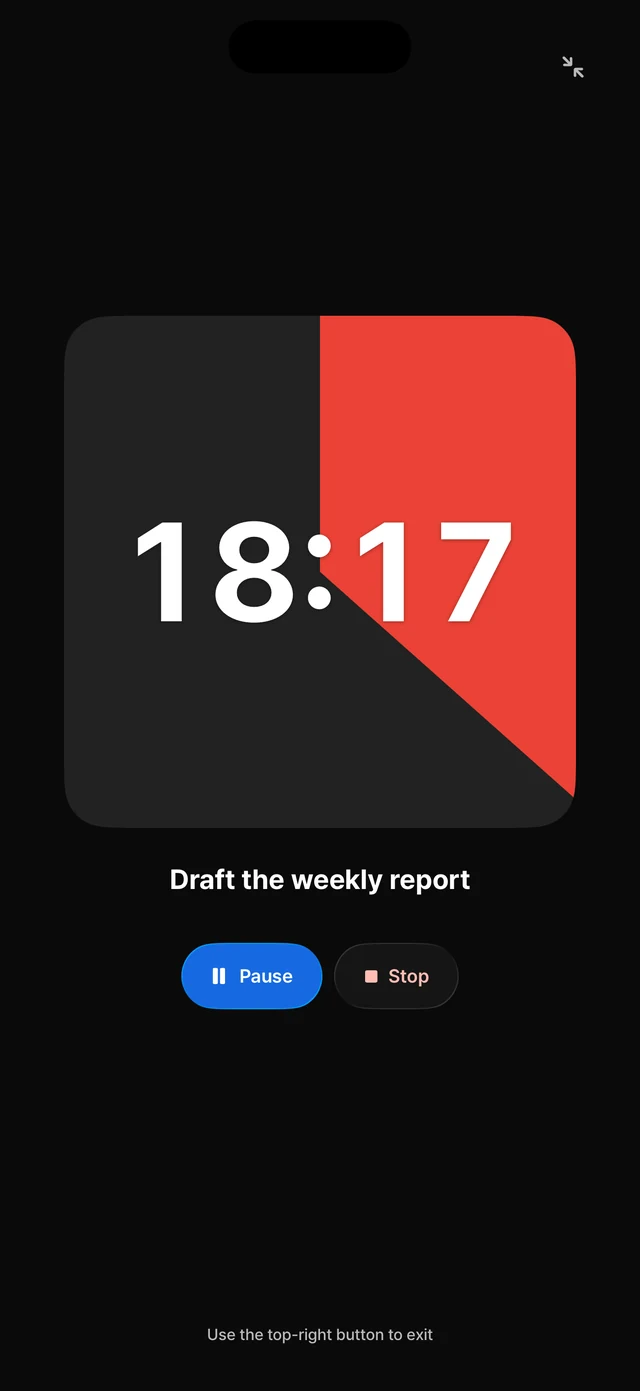 Deep Focus on iPhone: only the red disc and the time left, on a black screen.
