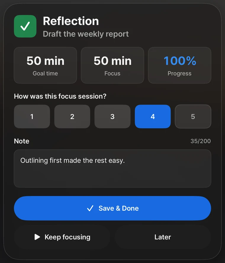 The reflection sheet: goal time, focus time and progress, a rating from 1 to 5, and a note.