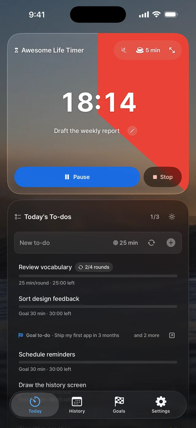 The Today screen on iPhone: the Awesome Life Timer counting down a to-do, above the list of today's to-dos.