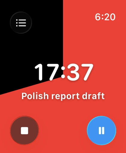 Apple&nbsp;Watch: the red disc counting down a to-do, with stop and pause buttons.